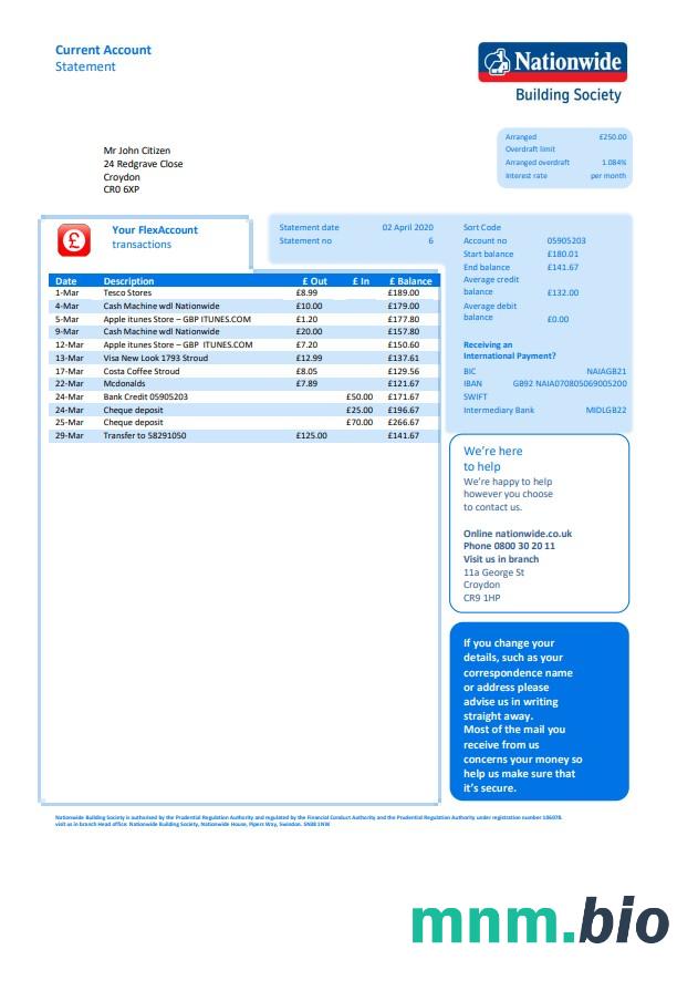 Szablon wyciągu bankowego w Wielkiej Brytanii w formacie Excel i PDF